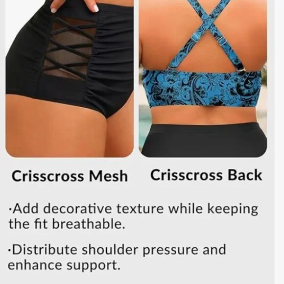 Yonique Plus Size Bikini 18W Blue Floral Halter High Waist Tummy Control NWT - Picture 2 of 15